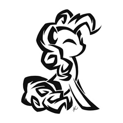 Size: 1500x1500 | Tagged: safe, artist:hexfloog, pinkie pie, earth pony, pony, black and white, commission, grayscale, monochrome, simple background, sitting, tattoo, tattoo design, white background