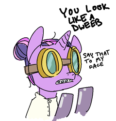 Size: 547x573 | Tagged: safe, artist:nobody, derpibooru import, twilight sparkle, braces, clothes, dialogue, goggles, lab coat, safety goggles, solo