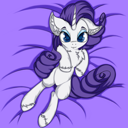 Size: 2500x2500 | Tagged: safe, artist:rurihal, rarity, pony, unicorn, :3, bed, blue eyes, blue eyeshadow, chest fluff, cute, ear fluff, eyebrows, eyeshadow, featureless crotch, female, fluffy, grin, hoof fluff, lidded eyes, looking at you, makeup, raribetes, smiling, smiling at you, solo, this will end in cuddles