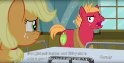 Size: 1920x975 | Tagged: safe, screencap, applejack, big macintosh, earth pony, pony, where the apple lies, male, meme, stallion, teenage applejack, teenage big macintosh, youtube caption