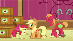 Size: 1920x1080 | Tagged: safe, screencap, apple bloom, applejack, big macintosh, earth pony, pony, where the apple lies, cutie mark, discovery family logo, female, filly, liar face, liarjack, male, scrunchy face, stallion, the cmc's cutie marks