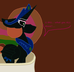 Size: 901x886 | Tagged: safe, artist:eeveeglaceon, princess celestia, alicorn, pony, angry, balcony, betrayed, blue sun, canterlot, canterlot castle, civil war, color change, correstia, corrupted, corrupted celestia, corruptia, darkened coat, divided equestria, female, green eye, insanity, invert princess celestia, inverted, inverted colors, inverted princess celestia, possessed, possesstia, rainbow hair, shrunken pupils, sidemouth, solo, tumblr, tumblr:the sun has inverted, word balloon, word bubble