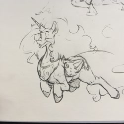 Size: 2448x2448 | Tagged: safe, artist:greyscaleart, derpibooru exclusive, princess celestia, alicorn, pony, cute, cutelestia, eyes closed, female, majestic as fuck, mare, pronking, sketch, solo, traditional art