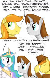 Size: 1080x1680 | Tagged: safe, artist:hoofclid, braeburn, princess celestia, oc, oc:hoofclid, alicorn, earth pony, pony, unicorn, comic, cute, eye contact, facepalm, female, gay, looking at each other, male, mare, stallion