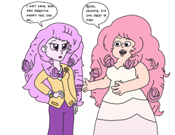 Size: 2048x1583 | Tagged: safe, artist:supahdonarudo, princess celestia, principal celestia, equestria girls, alternate hairstyle, big hair, dialogue, hand on hip, pink hair, rose quartz (steven universe), speech bubble, steven universe, watch