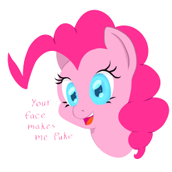 Size: 1016x1017 | Tagged: safe, artist:chromaskunk, artist:trickydick, pinkie pie, earth pony, pony, dialogue, dissonance, dissonant caption, out of character, pinkie prick, simple background, solo, transparent background