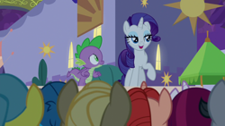 Size: 1920x1080 | Tagged: safe, screencap, cayenne, hot streak, jet set, lemon hearts, rarity, spike, dragon, pony, unicorn, the summer sun setback, bedroom eyes, canterlot, female, folded wings, male, night, raised hoof, smiling, stage, winged spike, wings