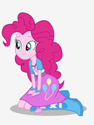 Size: 1536x2048 | Tagged: safe, artist:limedazzle, pinkie pie, equestria girls, balloon, boots, bracelet, clothes, cute, jewelry, kneeling, shoes, simple background, skirt, solo, white background