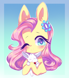 Size: 1197x1354 | Tagged: safe, artist:lnspira, angel bunny, fluttershy, pegasus, pony, blushing, bust, cute, duo, flower, flower in hair, heart eyes, holding, looking at you, one eye closed, portrait, shyabetes, smiling, wingding eyes, wink