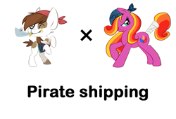 Size: 661x449 | Tagged: safe, feathermay, pipsqueak, earth pony, pony, bandana, female, male, pinto, pipmay, pirate, pun, shipping, simple background, straight, tail wrap, white background