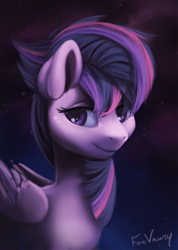 Size: 5000x7028 | Tagged: safe, artist:foxvanity, derpibooru import, twilight sparkle, twilight sparkle (alicorn), alicorn, pony, castle sweet castle, absurd resolution, alternate hairstyle, bust, female, mare, portrait, punklight sparkle, solo