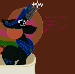 Size: 901x886 | Tagged: safe, artist:eeveeglaceon, princess celestia, alicorn, pony, angry, balcony, betrayed, blue sun, canterlot, canterlot castle, civil war, color change, correstia, corrupted, corrupted celestia, corruptia, darkened coat, divided equestria, female, glowing horn, green eye, insanity, invert princess celestia, inverted, inverted colors, inverted princess celestia, possessed, possesstia, rage, rainbow hair, shrunken pupils, sidemouth, solo, tumblr, tumblr:the sun has inverted, word balloon, word bubble