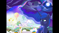 Size: 1920x1080 | Tagged: safe, artist:ponyhiall, princess celestia, princess luna, alicorn, pony, aurora borealis, cloud, confetti, day, female, horizon, hot air balloon, moon, night, ponyville, sisters, sky, stars, sun, watch