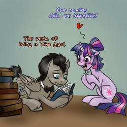 Size: 750x750 | Tagged: safe, artist:jitterbugjive, derpibooru import, doctor whooves, twilight sparkle, alternate hairstyle, dialogue, discord whooves, discorded, doctwi, female, male, reading, shipping, speed reading, straight, that pony sure does love books