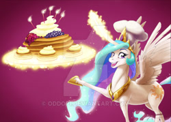 Size: 600x430 | Tagged: safe, artist:oddopi, princess celestia, alicorn, pony, chef's hat, deviantart watermark, food, hat, magic, obtrusive watermark, pancakes, simple background, watermark