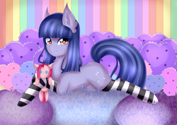 Size: 6500x4600 | Tagged: safe, artist:shimayaeiko, pinkie pie, oc, oc:cosmia nebula, earth pony, pony, absurd resolution, clothes, female, mare, pinkamena diane pie, plushie, prone, socks, solo, striped socks