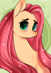 Size: 2507x3541 | Tagged: safe, artist:yukomaussi, fluttershy, pegasus, pony, bust, frown, head turn, looking at you, portrait, signature, solo, starry eyes, wingding eyes