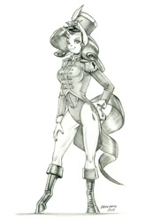 Size: 950x1375 | Tagged: safe, artist:baron engel, rarity, anthro, unguligrade anthro, unicorn, testing testing 1-2-3, ancient wonderbolts uniform, boots, clothes, female, grayscale, leotard, mare, monochrome, pencil drawing, sgt. rarity, shoes, simple background, solo, traditional art, uniform, white background