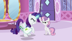 Size: 1920x1080 | Tagged: safe, screencap, rarity, sweetie belle, pony, unicorn, ponyville confidential, bag, butt, female, filly, frown, horn flick, plot, saddle bag, siblings, sisters, smack