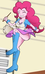 Size: 832x1351 | Tagged: safe, artist:ohohokapi, pinkie pie, eqg summertime shorts, equestria girls, the art of friendship, accidental exposure, apron, beautiful, blouse, boots, bow, breasts, cleavage, clothes, cute, diapinkes, high heel boots, legs, panties, pink underwear, pinkie pies, redraw, scene interpretation, shirt, shoes, skirt, skirt flip, skirt lift, smiling, thighs, underwear, upskirt, woman