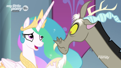 Size: 1920x1080 | Tagged: safe, screencap, discord, princess celestia, alicorn, draconequus, pony, the beginning of the end, discovery family logo, duo, ethereal mane, female, male, mare