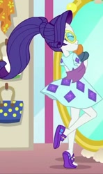 Size: 720x1213 | Tagged: safe, screencap, rarity, better together, equestria girls, spring breakdown, beautiful, clothes, cropped, dress, eyes closed, feet, female, happy, legs, mirror, sandals, solo, sundress, sunglasses, teenager