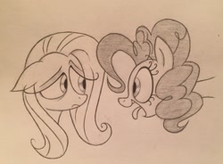 Size: 2809x2066 | Tagged: safe, artist:sparkarez, fluttershy, pinkie pie, earth pony, pegasus, pony, bust, duo, eye contact, floppy ears, frown, kinetic contrast, looking at each other, monochrome, portrait, sad, smiling, tongue out, traditional art, unamused