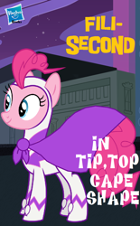 Size: 692x1115 | Tagged: artist needed, safe, edit, fili-second, pinkie pie, pony, book cover, cape, clothes, maretropolis, parody, power ponies, superhero, veggietales