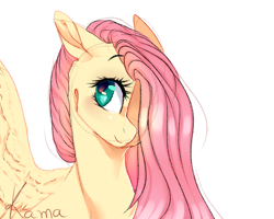 Size: 2000x1600 | Tagged: safe, artist:skimea, fluttershy, pegasus, pony, bust, colored sketch, cute, female, floppy ears, hair over one eye, looking away, looking up, mare, portrait, shyabetes, simple background, smiling, solo, spread wings, wings