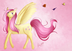 Size: 1280x904 | Tagged: safe, artist:mister-pierrot, fluttershy, butterfly, pegasus, pony, female, looking at you, mare, smiling, solo, spread wings, wings