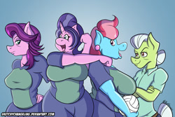 Size: 1024x683 | Tagged: safe, artist:sketchychangeling, cookie crumbles, cup cake, granny smith, spoiled rich, anthro, big breasts, breasts, busty cookie crumbles, cups cake, equestrian mothers volleyball league, female, huge breasts, stacked rich, team, volleyball