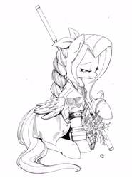Size: 4908x6624 | Tagged: safe, artist:alts-art, fluttershy, pegasus, pony, absurd resolution, aeris, alternate hairstyle, basket, basket of flowers, clothes, final fantasy, final fantasy vii, folded wings, inktober, lidded eyes, looking at something, looking down, monochrome, raised hoof, sitting, smiling, solo, traditional art, wings