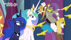 Size: 1280x720 | Tagged: safe, screencap, discord, princess celestia, princess luna, alicorn, draconequus, pony, the beginning of the end, animated, crown, cute, discovery family logo, discute, disembodied hand, eyelashes, female, grin, hand, hat, jewelry, male, mare, necklace, pointing, regalia, smiling, trio