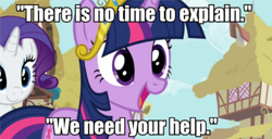 Size: 497x254 | Tagged: safe, derpibooru import, edit, screencap, rarity, twilight sparkle, unicorn twilight, pony, unicorn, magical mystery cure, bronybait, cute, female, image macro, meme, no time to explain, open mouth, smiling, text, twiabetes