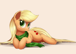 Size: 1950x1378 | Tagged: safe, artist:ncmares, applejack, earth pony, pony, chest fluff, clothes, cute, ear fluff, female, freckles, hatless, jackabetes, looking at you, loose hair, mare, missing accessory, ncmares is trying to murder us, prone, scarf, signature, smiling, solo