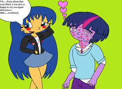 Size: 2338x1700 | Tagged: safe, artist:t-mack56, derpibooru import, dusk shine, flare warden, flash sentry, twilight sparkle, equestria girls, 1000 hours in ms paint, dialogue, duskflare, equestria guys, female, flashlight, green background, heart eyes, kiss mark, male, ms paint, rule 63, shipping, simple background, straight, wingding eyes