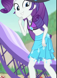 Size: 797x1080 | Tagged: safe, screencap, rarity, better together, equestria girls, forgotten friendship, beach chair, beach hat, beach umbrella, belly button, bikini, bikini top, clothes, cropped, cute, diamond, female, forest background, geode of shielding, jewelry, laughing, legs, looking down, magical geodes, midriff, mountain, necklace, raribetes, sarong, sleeveless, smiling, solo, swimsuit