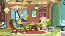 Size: 1280x720 | Tagged: safe, screencap, discord, fluttershy, pegasus, pony, discordant harmony, carrot-ginger sandwich, food, sandwich, tea party