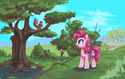 Size: 1500x947 | Tagged: safe, artist:egn, pinkie pie, pony, squirrel, atg 2017, bush, equestria daily exclusive, forest, nature, newbie artist training grounds, scenery, solo, tree