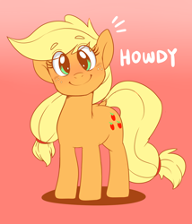 Size: 1280x1493 | Tagged: safe, artist:celine-artnsfw, applejack, earth pony, pony, cute, dialogue, female, happy, hatless, howdy, jackabetes, looking at you, mare, missing accessory, smiling, smiling at you, solo