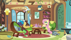 Size: 1280x720 | Tagged: safe, screencap, discord, fluttershy, pegasus, pony, discordant harmony, carrot-ginger sandwich, food, sandwich, tea party