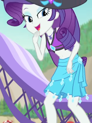 Size: 802x1080 | Tagged: safe, screencap, rarity, better together, equestria girls, forgotten friendship, beach chair, beach hat, beach umbrella, belly button, bikini, bikini top, clothes, cropped, cute, diamond, female, forest background, geode of shielding, jewelry, legs, lidded eyes, looking down, magical geodes, midriff, mountain, necklace, open mouth, raribetes, sarong, sleeveless, smiling, solo, swimsuit