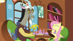 Size: 1280x720 | Tagged: safe, screencap, discord, fluttershy, pegasus, pony, discordant harmony, carrot-ginger sandwich, food, happy, sandwich, sandwich crust, smiling