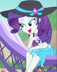 Size: 834x1053 | Tagged: safe, screencap, rarity, better together, equestria girls, forgotten friendship, beach, beach chair, beach hat, beach umbrella, bikini, bikini top, clothes, cropped, cute, female, forest background, geode of shielding, jewelry, legs, lidded eyes, looking down, magical geodes, midriff, mountain, necklace, raribetes, sarong, sitting, smiling, solo, swimsuit