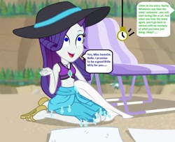 Size: 733x599 | Tagged: safe, edit, edited screencap, editor:thomasfan45, screencap, rarity, human, better together, equestria girls, forgotten friendship, 1000 hours in ms paint, beach, beach chair, beach towel, bikini, clothes, cropped, cute, description is relevant, feet, female, geode of shielding, hat, hypno eyes, hypnosis, hypnotized, implied sweetie belle, kneeling, magical geodes, mental shift, midriff, offscreen character, open mouth, pendulum swing, pocket watch, post-hypnotic trigger, request, sand, sandals, sarong, smiling, solo, speech bubble, story included, sun hat, swimsuit