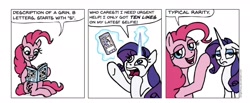 Size: 2048x844 | Tagged: safe, artist:gingerfoxy, pinkie pie, rarity, pony, unicorn, pony comic generator, cellphone, comic, crossword puzzle, phone, smartphone