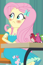 Size: 385x584 | Tagged: safe, screencap, fluttershy, a little birdie told me, better together, equestria girls, blushing, cropped, geode of fauna, magical geodes, solo