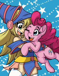 Size: 2550x3300 | Tagged: safe, artist:latecustomer, pinkie pie, earth pony, pony, commission, crossover, cute, dark magician girl, diapinkes, female, hug, mare, one eye closed, smiling, yu-gi-oh!