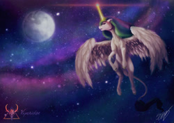 Size: 900x636 | Tagged: safe, artist:viperidaegraphics, princess celestia, alicorn, pony, crying, female, floppy ears, flying, galaxy, glowing horn, lens flare, leonine tail, mare, mare in the moon, moon, open mouth, solo, space, speedpaint available