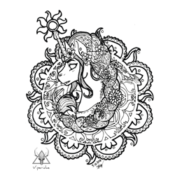 Size: 800x800 | Tagged: safe, artist:viperidaegraphics, part of a set, princess celestia, alicorn, pony, black and white, bust, ear piercing, earring, female, flower, flower in hair, grayscale, horn ring, inktober, inktober 2018, jewelry, mandala, mare, monochrome, no pupils, piercing, regalia, sidemouth, simple background, solo, sun, white background